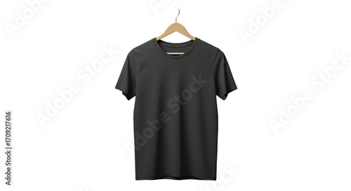 Plain dark charcoal grey v neck t shirt hanging on a wooden hanger against a solid black background