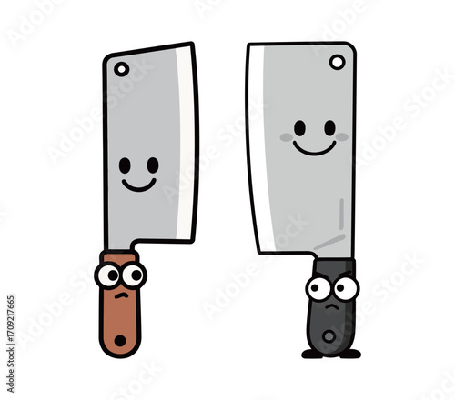 Funny cartoon cleavers, one with a happy face and the other looking a little sad or serious.