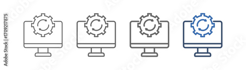
Outline icon set of automated process with computer design, gears and up and down arrows