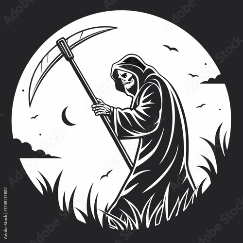 Grim reaper holding scythe stands in field against moon in black and white