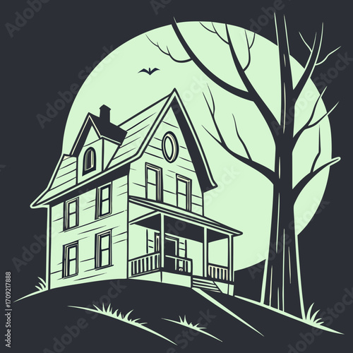 Creepy house with tree in the moonlight on dark background illustration