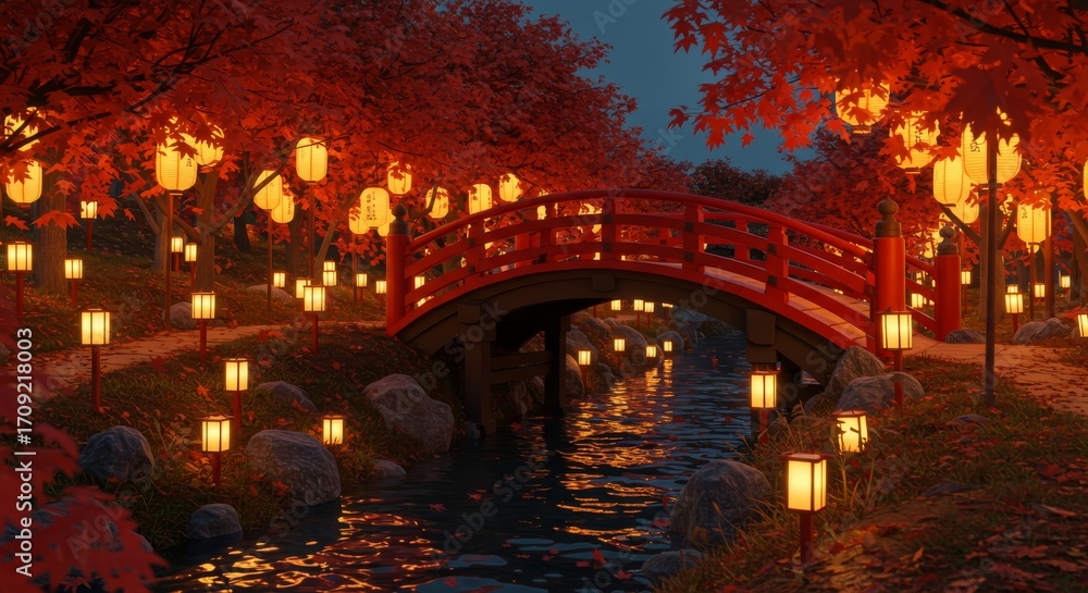 Fototapeta premium Momiji temple bridge, red arched bridge surrounded by glowing lanterns, maple leaves floating in stream
