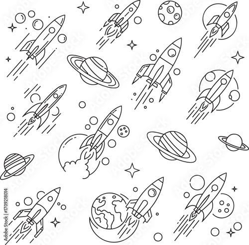Futuristic Line Style Icons of Rocket Ships in Space.