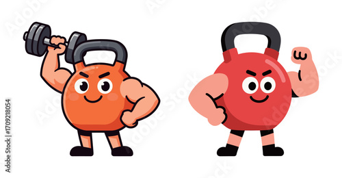 Two cartoon kettlebell characters with muscular arms, one holding a dumbbell and the other flexing.