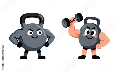 Two cute and muscular cartoon kettlebell characters, one flexing and the other lifting a dumbbell.