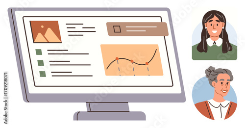 Desktop screen with charts, text, and notifications for analysis. Two user profiles with diverse avatars beside. Ideal for teamwork, remote work, education, analytics, mentoring project management