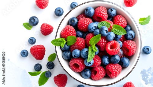 Bowl of mixed berries with fresh mint