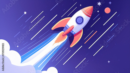 A rocket accelerating to lightspeed, glowing streaks of stars stretching across space, ultra-dynamic motion blur effect, high-energy futuristic feel, vibrant neon hues, dramatic sense of speed and exp
