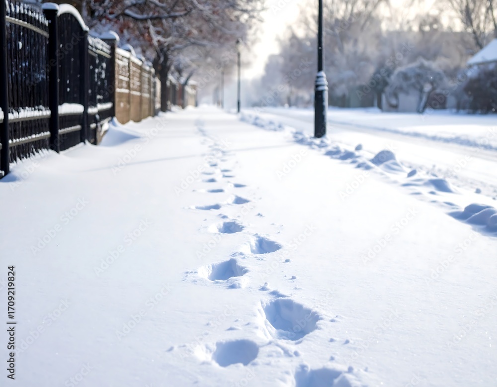 Fototapeta premium Footprints in Fresh Snow along a Residential Street on a Winter Morning