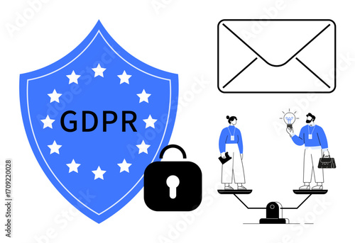 GDPR shield with stars and lock, email envelope, and two professionals on a balance scale brainstorming. Ideal for privacy, compliance, data protection, decision-making, team collaboration, legal
