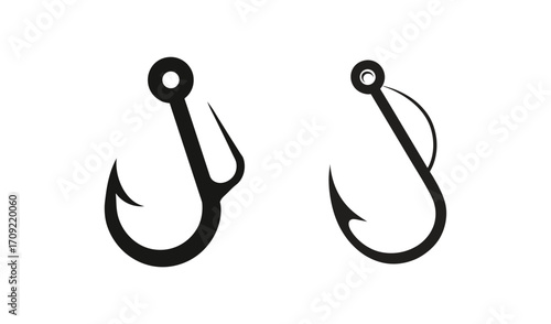 Two black fishing hooks isolated on white background