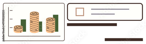 Chart with gold coin stacks and green bars illustrating financial growth, adjacent to a checklist for task tracking. Ideal for finance, investment, planning, productivity, success, strategy, simple