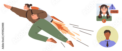 Individual flying fast with rocket backpack, deepfake warning, male and female profile icons. Ideal for technology, innovation, identity security, fraud awareness, AI ethics, leadership future