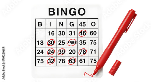 bingo card with red marker isolated on transparent background