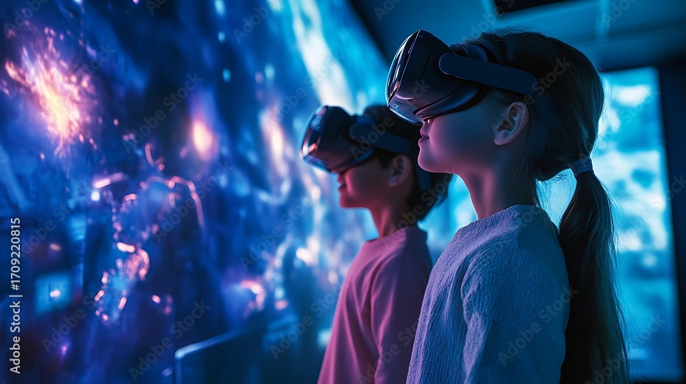 Two children wearing VR headsets immersed in vibrant digital world with interactive technology for virtual reality gaming learning entertainment innovation experience concept