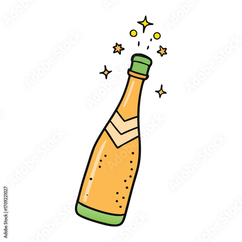 A festive champagne bottle pops open, cork flying, sparkling bubbles bursting with joy, capturing celebration, excitement, and the magic of special moments.
