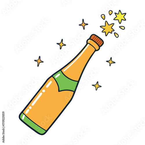 A festive champagne bottle pops open, cork flying, sparkling bubbles bursting with joy, capturing celebration, excitement, and the magic of special moments.
