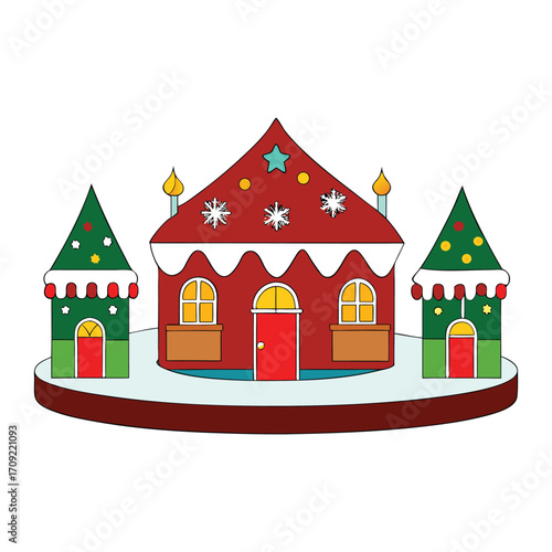 A charming Christmas village display with twinkling lights, snowy rooftops, tiny festive shops, and joyful miniature scenes that bring holiday magic to life.
