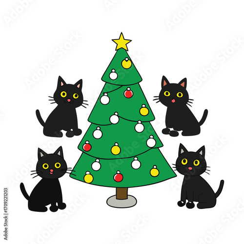 Adorable cartoon black cats climb and play around a glowing Christmas tree, filled with ornaments, lights, and holiday cheer in a festive, heartwarming scene.
