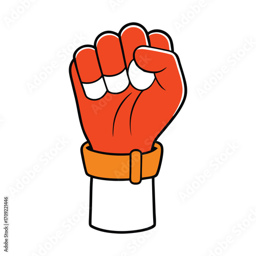 A karate-raised fist symbolizes power, discipline, and readiness, representing strength, respect, and the spirit of martial arts in a bold and focused gesture.
