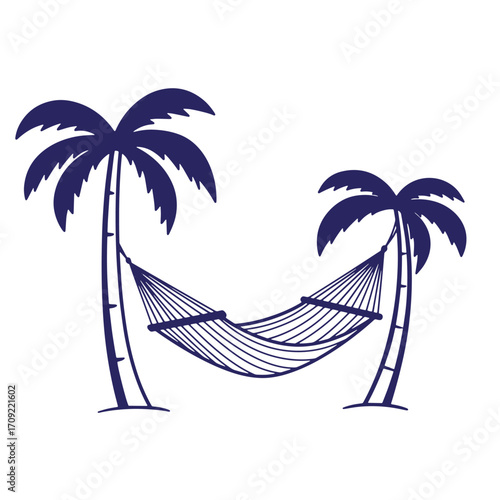 Relaxing hammock suspended between two palm trees illustrating tropical relaxation and vacation