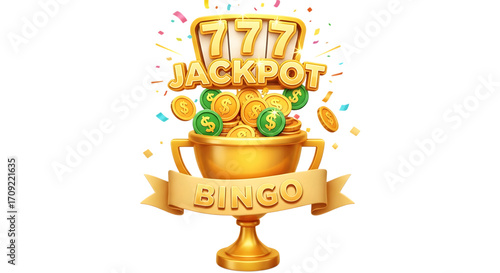 golden bingo jackpot trophy with coins isolated on transparent background