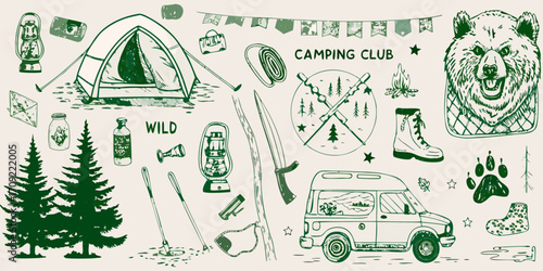 Collection of hand drawn camping and outdoor adventure elements including a tent bear van and campfire