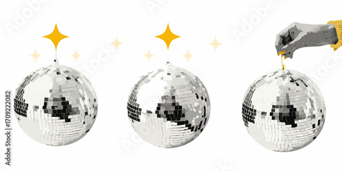 Three shimmering disco balls with golden stars and a hand dripping gold onto one