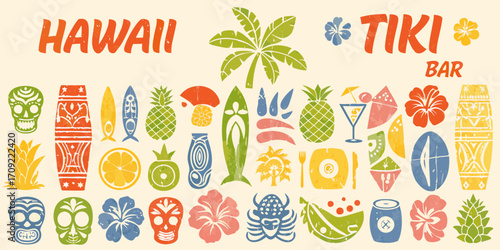 Vibrant hawaiian tiki bar illustration with tropical elements and cultural symbols