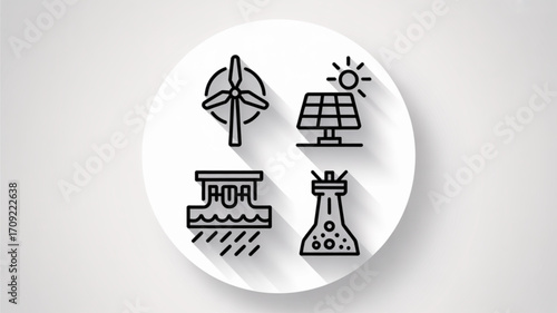 Renewable energy sources vector icon set wind solar hydro and nuclear power sustainable energy solutions design