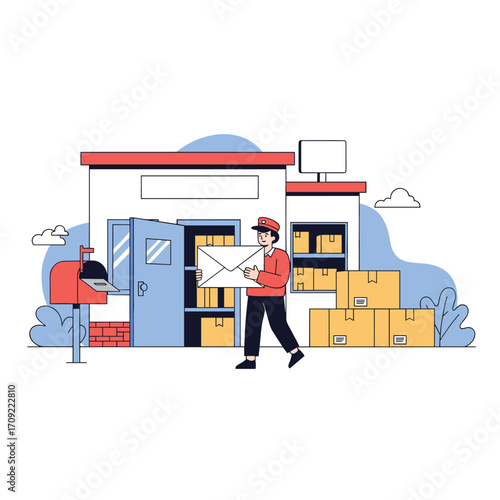 Delivery person carries a package from the post office.