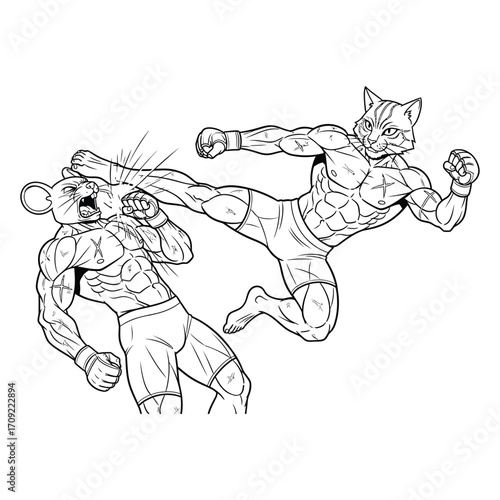 Black and white illustration of a muscular anthropomorphic cat and rat in an intense boxing or MMA-style fight. 