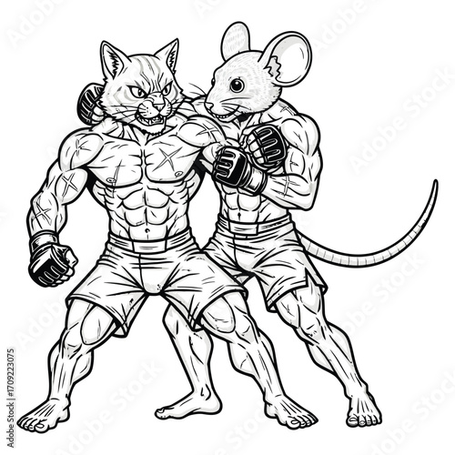 Black and white illustration of a muscular anthropomorphic cat and rat in an intense boxing or MMA-style fight. 