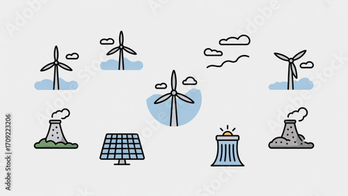 Renewable energy sources wind turbines solar panels and nuclear power plants for sustainable future vector art