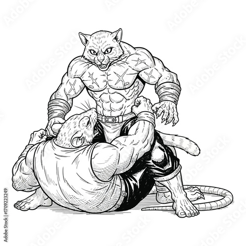 Black and white illustration of a muscular anthropomorphic cat and rat in an intense boxing or MMA-style fight. 