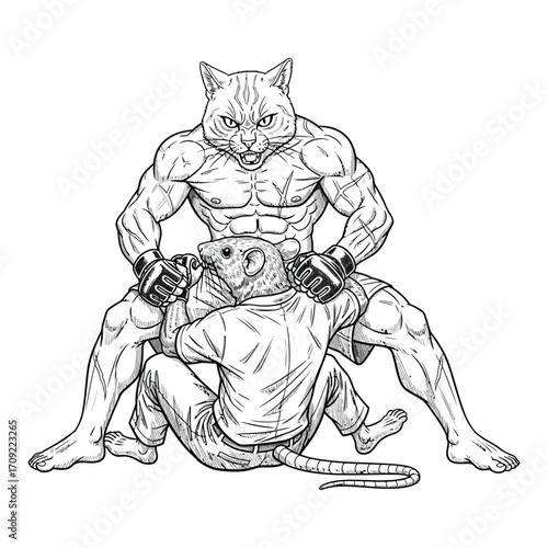 Black and white illustration of a muscular anthropomorphic cat and rat in an intense boxing or MMA-style fight. 