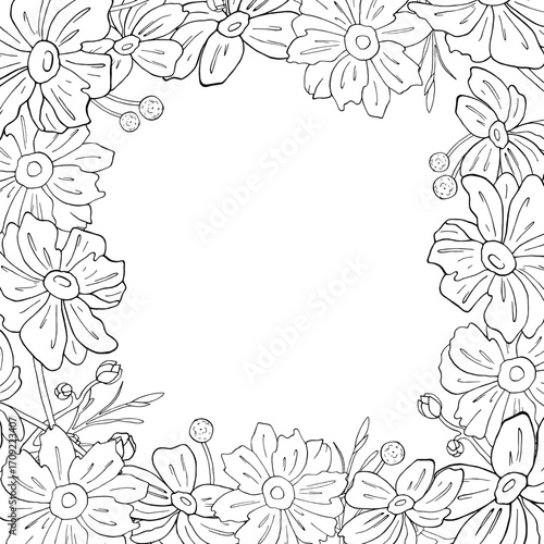 Floral frame of Japanese Anemone in graphic style. Template with flowers, bud, twigs in hand drawn ink vector illustration, line art. Card on International Women's Day, wedding invitation, birthday.