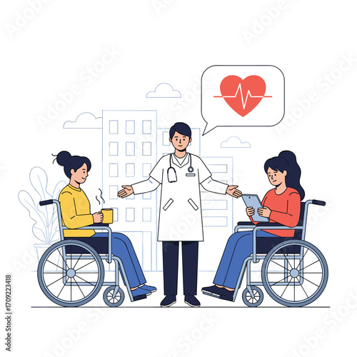 Doctor explaining healthcare to patients in wheelchairs.