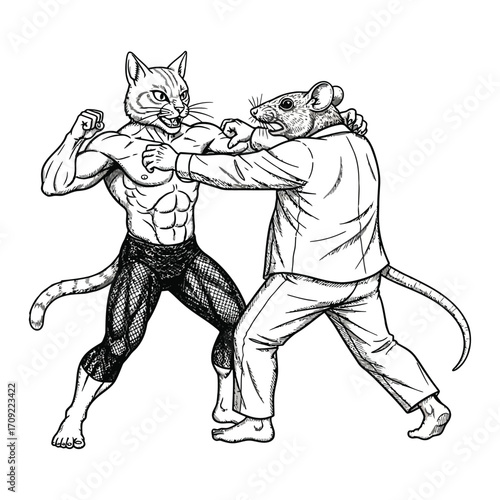 Black and white illustration of a muscular anthropomorphic cat and rat in an intense boxing or MMA-style fight. 