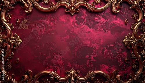 Elegant baroque-style gilded gold frame on a rich, textured crimson red damask background with copy space for text