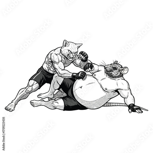 Black and white illustration of a muscular anthropomorphic cat and rat in an intense boxing or MMA-style fight. 
