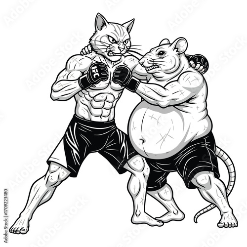 Black and white illustration of a muscular anthropomorphic cat and rat in an intense boxing or MMA-style fight. 