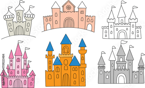 Hand-drawn vector illustration of six cartoon castles in color and outline style, ideal for children’s books, fantasy themes, and creative design projects