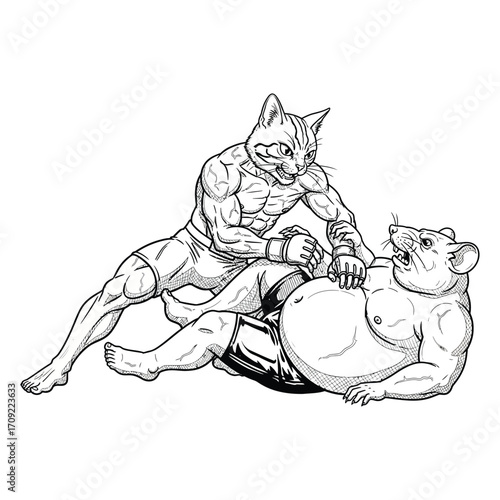 Black and white illustration of a muscular anthropomorphic cat and rat in an intense boxing or MMA-style fight. 