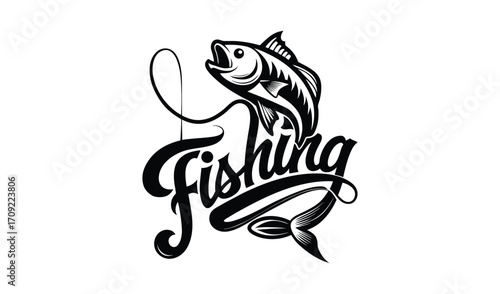 Jumping fish with fishing line and word fishing illustration