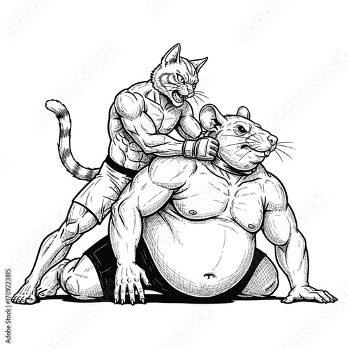 Black and white illustration of a muscular anthropomorphic cat and rat in an intense boxing or MMA-style fight. 