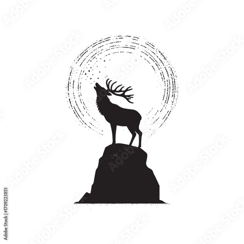 Vector art of silhouette of a roaring deer on a rock with a circular grunge texture background