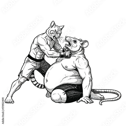 Black and white illustration of a muscular anthropomorphic cat and rat in an intense boxing or MMA-style fight. 