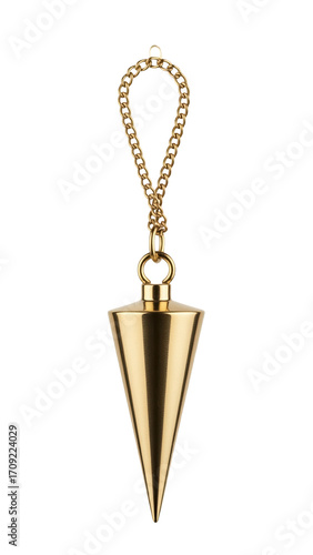 Golden plumb bob weight pendant suspended on chain isolated on a transparent background