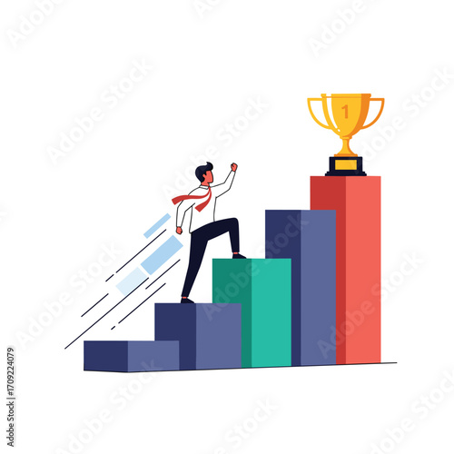 A person climbing a bar graph toward a trophy representing success.
